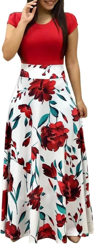Empire Waist Dresses for Women Short Sleeve Vintage Floral Maxi Dress Long Formal Casual Church Wedding Guest Dresses