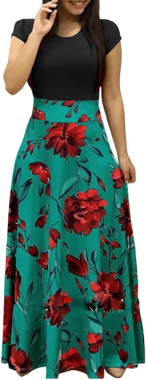 Empire Waist Dresses for Women Short Sleeve Vintage Floral Maxi Dress Long Formal Casual Church Wedding Guest Dresses