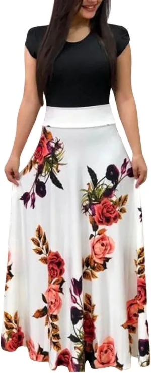 Empire Waist Dresses for Women Short Sleeve Vintage Floral Maxi Dress Long Formal Casual Church Wedding Guest Dresses