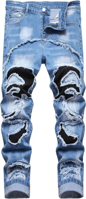 Enrica Men's Ripped Distressed Destroyed Straight Fit Washed Denim Jeans