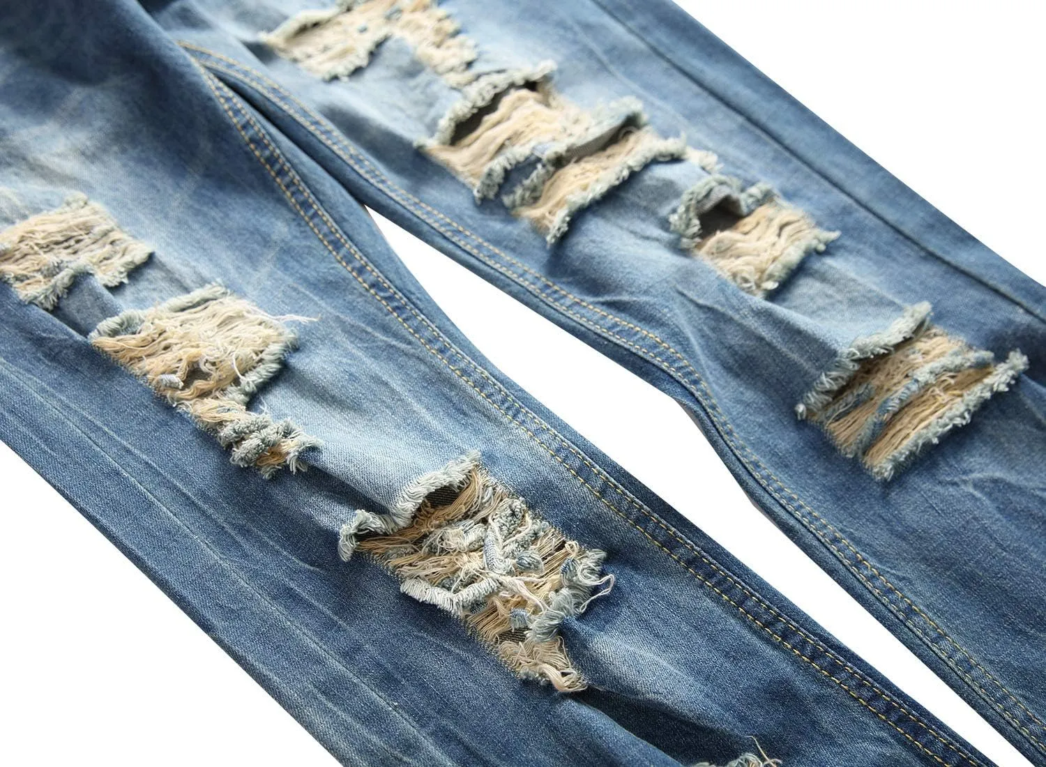 Enrica Men's Ripped Distressed Destroyed Straight Fit Washed Denim Jeans