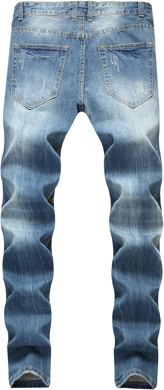 Enrica Men's Ripped Distressed Destroyed Straight Fit Washed Denim Jeans