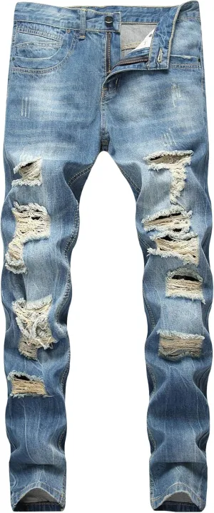 Enrica Men's Ripped Distressed Destroyed Straight Fit Washed Denim Jeans