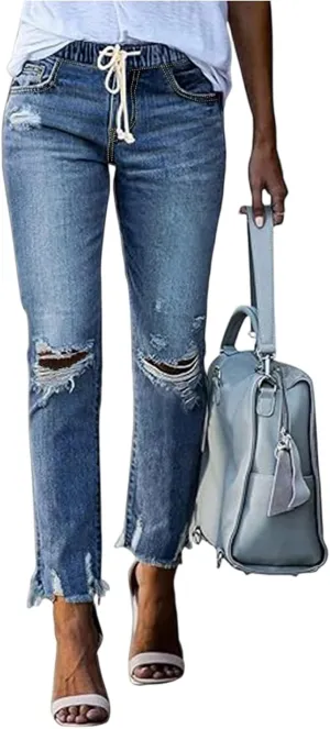 fanmpghleoo Ripped Jeans Womens Drawstring Elastic High Waisted Skinny Jeans Stretch Distressed Raw Hem Cropped Denim Joggers