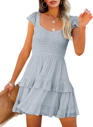 Fessceruna Womens Summer Ruffle Dresses Elastic Empire Waist A-line Layered Swing Flowy Mini Dress