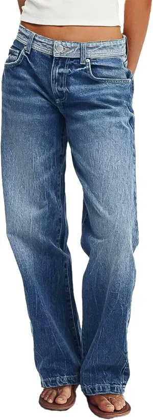 Flamingals Low Waist Straight Leg Jeans for Women Vintage Wash Stretch Denim Pants