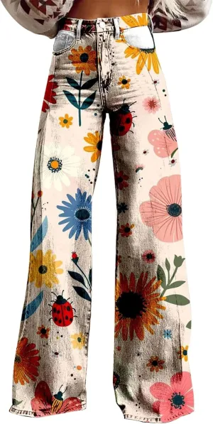 Flare Jeans for Women Wide Leg Jeans Woman Vintage Floral Print High Waisted Straight Stretch Pants with Pockets