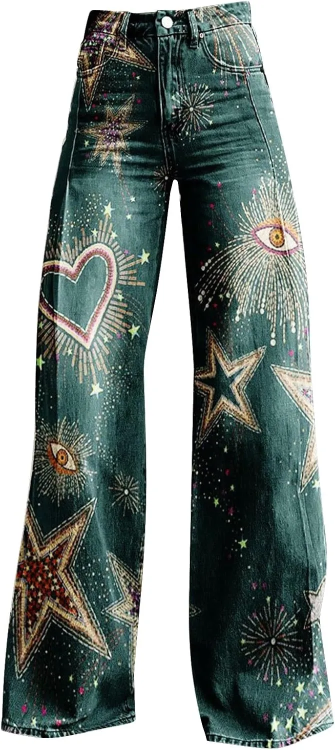 Flare Jeans for Women Wide Leg Jeans Woman Vintage Floral Print High Waisted Straight Stretch Pants with Pockets