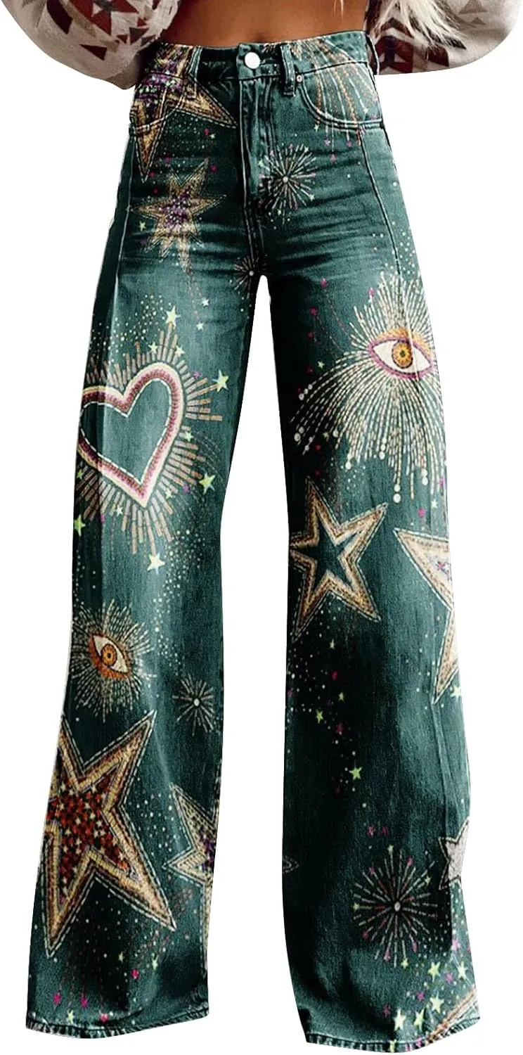 Flare Jeans for Women Wide Leg Jeans Woman Vintage Floral Print High Waisted Straight Stretch Pants with Pockets