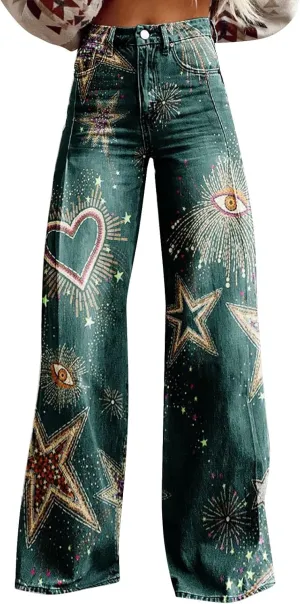 Flare Jeans for Women Wide Leg Jeans Woman Vintage Floral Print High Waisted Straight Stretch Pants with Pockets