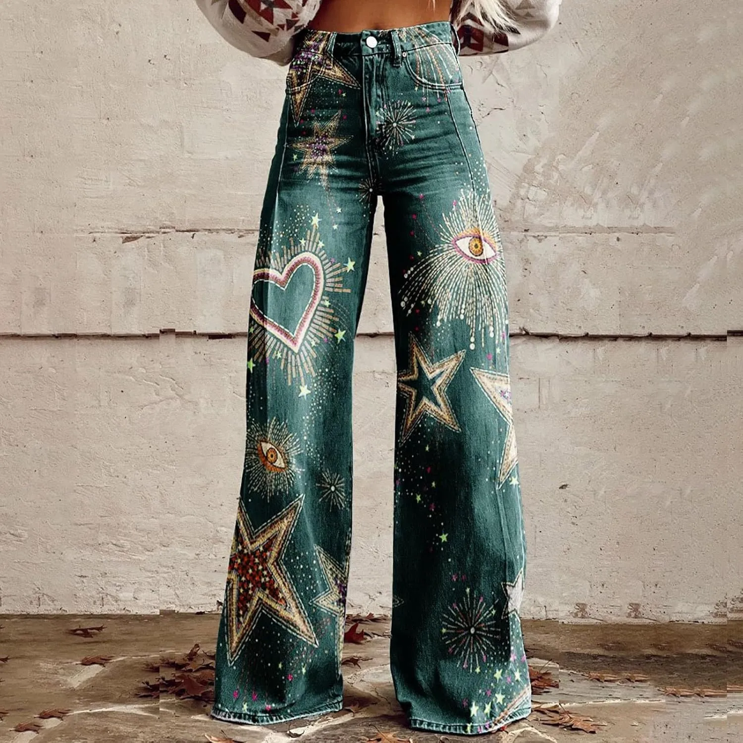 Flare Jeans for Women Wide Leg Jeans Woman Vintage Floral Print High Waisted Straight Stretch Pants with Pockets