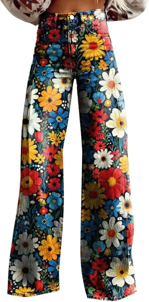 Flare Jeans for Women Wide Leg Jeans Woman Vintage Floral Print High Waisted Straight Stretch Pants with Pockets