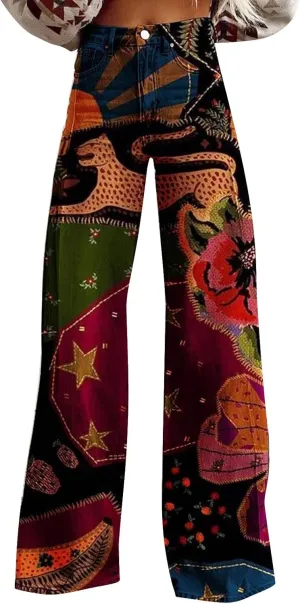 Flare Jeans for Women Wide Leg Jeans Woman Vintage Floral Print High Waisted Straight Stretch Pants with Pockets
