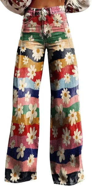 Flare Jeans for Women Wide Leg Jeans Woman Vintage Floral Print High Waisted Straight Stretch Pants with Pockets