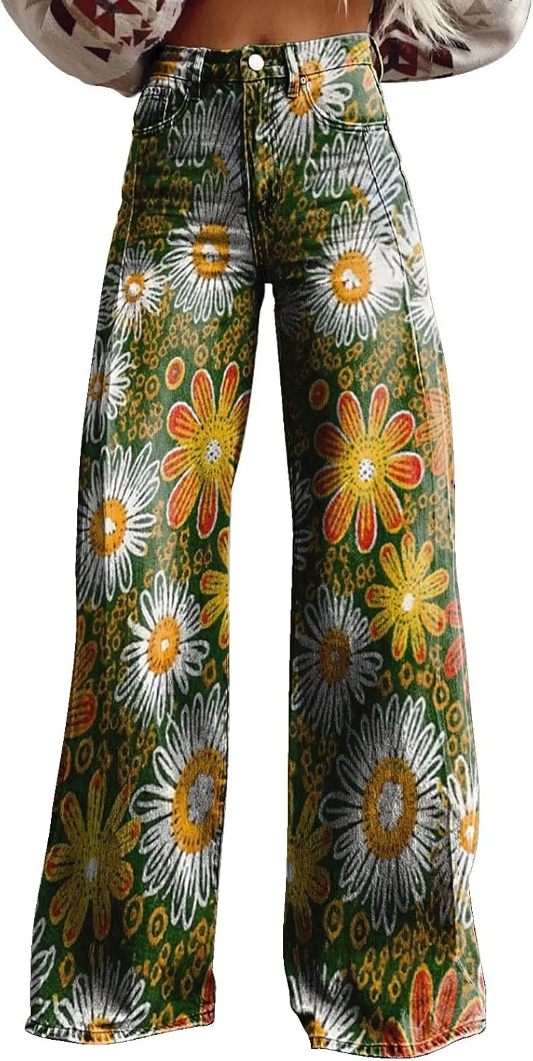Flare Jeans for Women,Wide Leg Jeans Woman Vintage Floral Print High Waisted Straight Stretch Pants with Pockets
