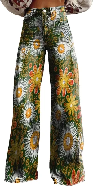 Flare Jeans for Women,Wide Leg Jeans Woman Vintage Floral Print High Waisted Straight Stretch Pants with Pockets