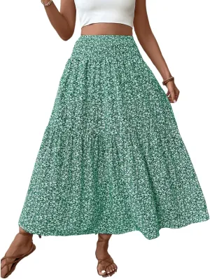 Floral Maxi Skirt for Women Smocked High Waist Skirt A-Line Flowy Ruffle Long Skirts Boho Vacation Long Skirts