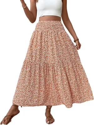 Floral Maxi Skirt for Women Tiered Elastic High Waisted Skirts Casual Summer Vacation A-Line Flowy Swing Long Skirts