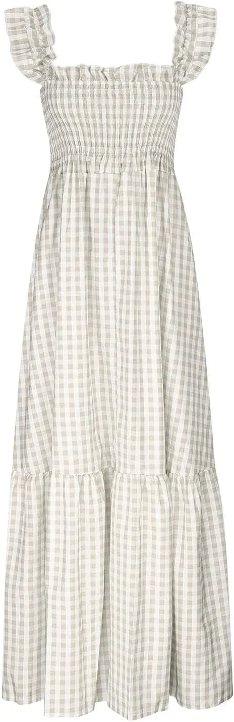 Flowy Dresses for Women Spring Summer Casual Plaid Dresses Smocked Spaghetti Strap Long Dress Vacation Maxi Dress
