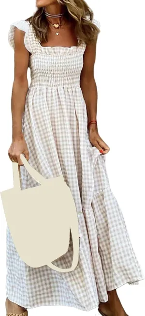 Flowy Dresses for Women Spring Summer Casual Plaid Dresses Smocked Spaghetti Strap Long Dress Vacation Maxi Dress