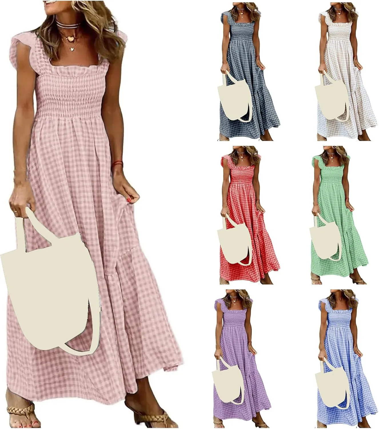 Flowy Dresses for Women Spring Summer Casual Plaid Dresses Smocked Spaghetti Strap Long Dress Vacation Maxi Dress