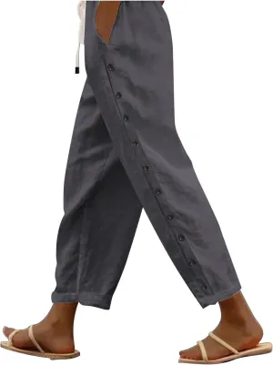Franterd Linen Capri Pants for Women 2024 Trendy Summer Casual Drawstring Straight Leg Pants Beach Elastic Waist Work Trouser