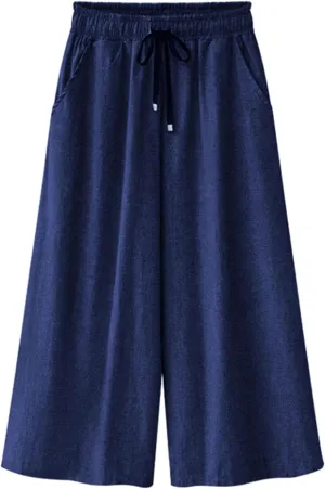 FZYLQY Women Elastic Waist Wide Leg Capris Pants 2024 Summer Cropped Denim Pants Loose Fit Jeans Palazzo Culottes with Pocket