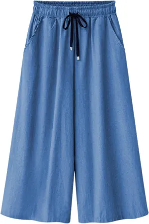 FZYLQY Women Elastic Waist Wide Leg Capris Pants 2024 Summer Cropped Denim Pants Loose Fit Jeans Palazzo Culottes with Pocket