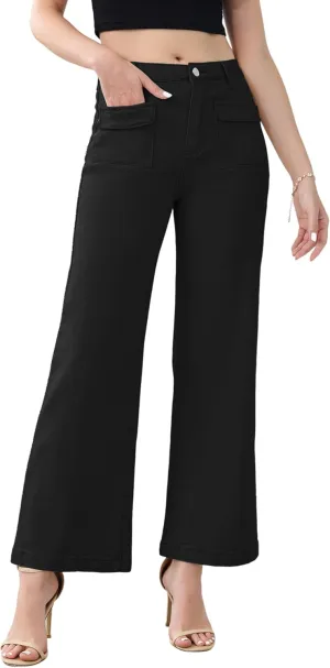 Genleck Wide Leg Jeans for Women Trendy High Waisted Boyfriend Stretchy Straight Cropped Pants with Patch Pockets