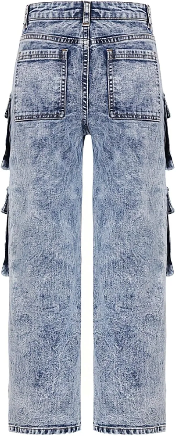 Girls Baggy Cargo Jeans Wide Leg High Waisted Kids Hip Hop Pants Denim Elastic Waist Pockets Vintage Aesthetic Jeans