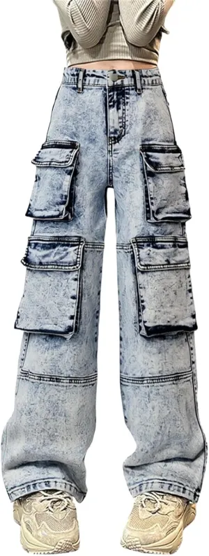 Girls Baggy Cargo Jeans Wide Leg High Waisted Kids Hip Hop Pants Denim Elastic Waist Pockets Vintage Aesthetic Jeans