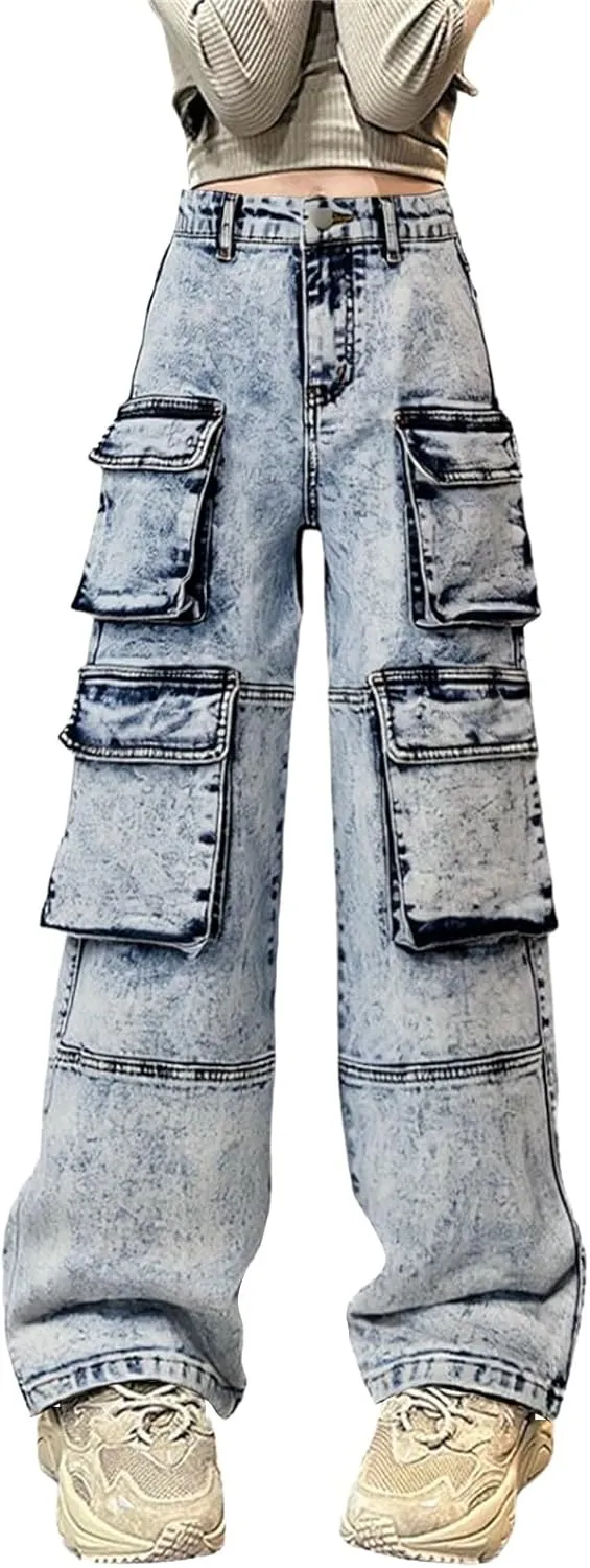 Girls Baggy Cargo Jeans Wide Leg High Waisted Kids Hip Hop Pants Denim Elastic Waist Pockets Vintage Aesthetic Jeans