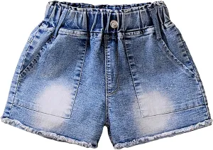 Girls Cuffed Denim Shorts Elastic Waisted Kids Baggy Vintage Jeans Pockets Trendy Aesthetic Casual Cool Pants