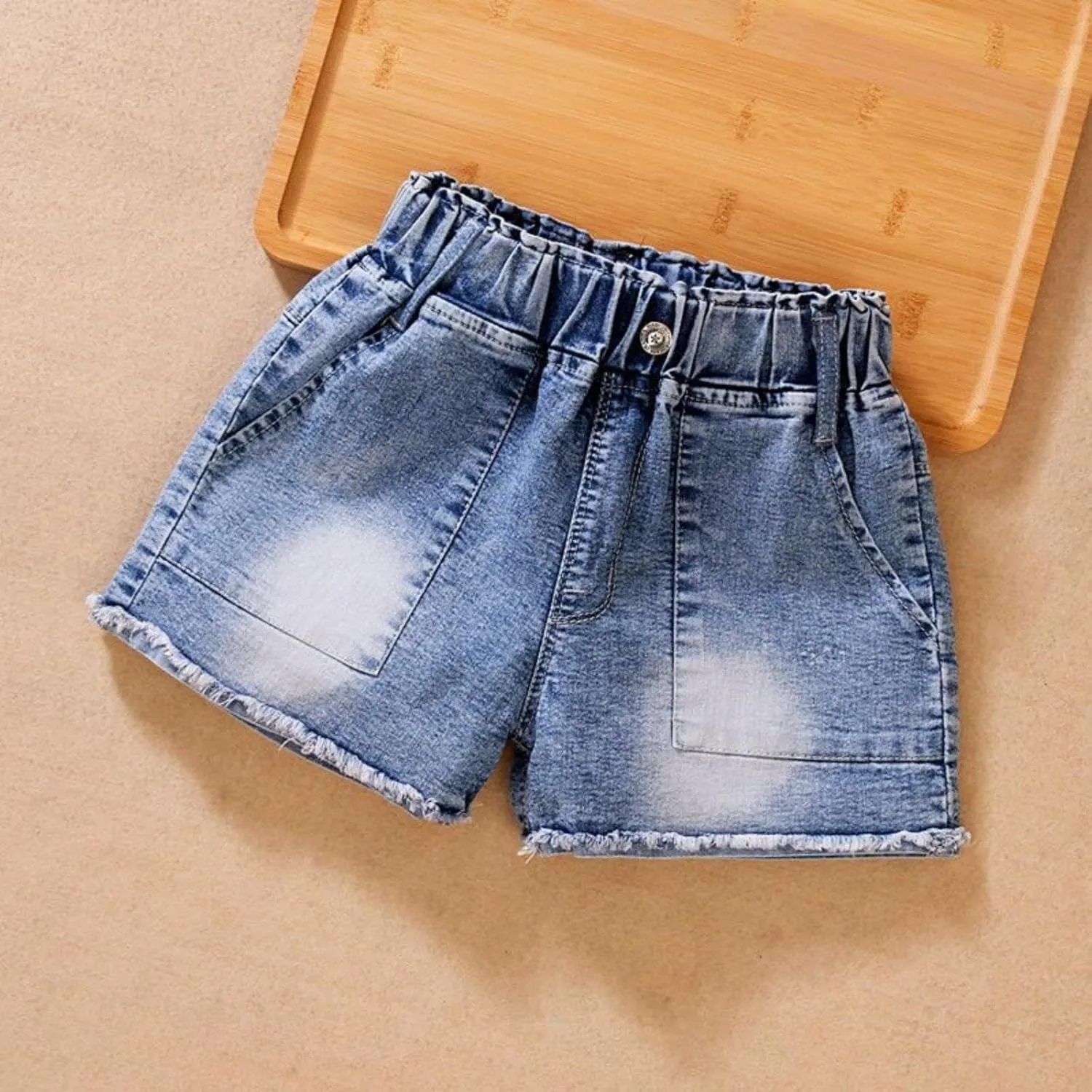 Girls Cuffed Denim Shorts Elastic Waisted Kids Baggy Vintage Jeans Pockets Trendy Aesthetic Casual Cool Pants