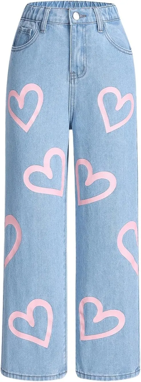 Girl's Heart Print High Waisted Loose Straight Leg Jeans Denim Pants