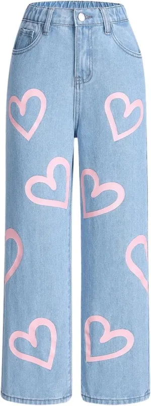 Girl's Heart Print High Waisted Loose Straight Leg Jeans Denim Pants