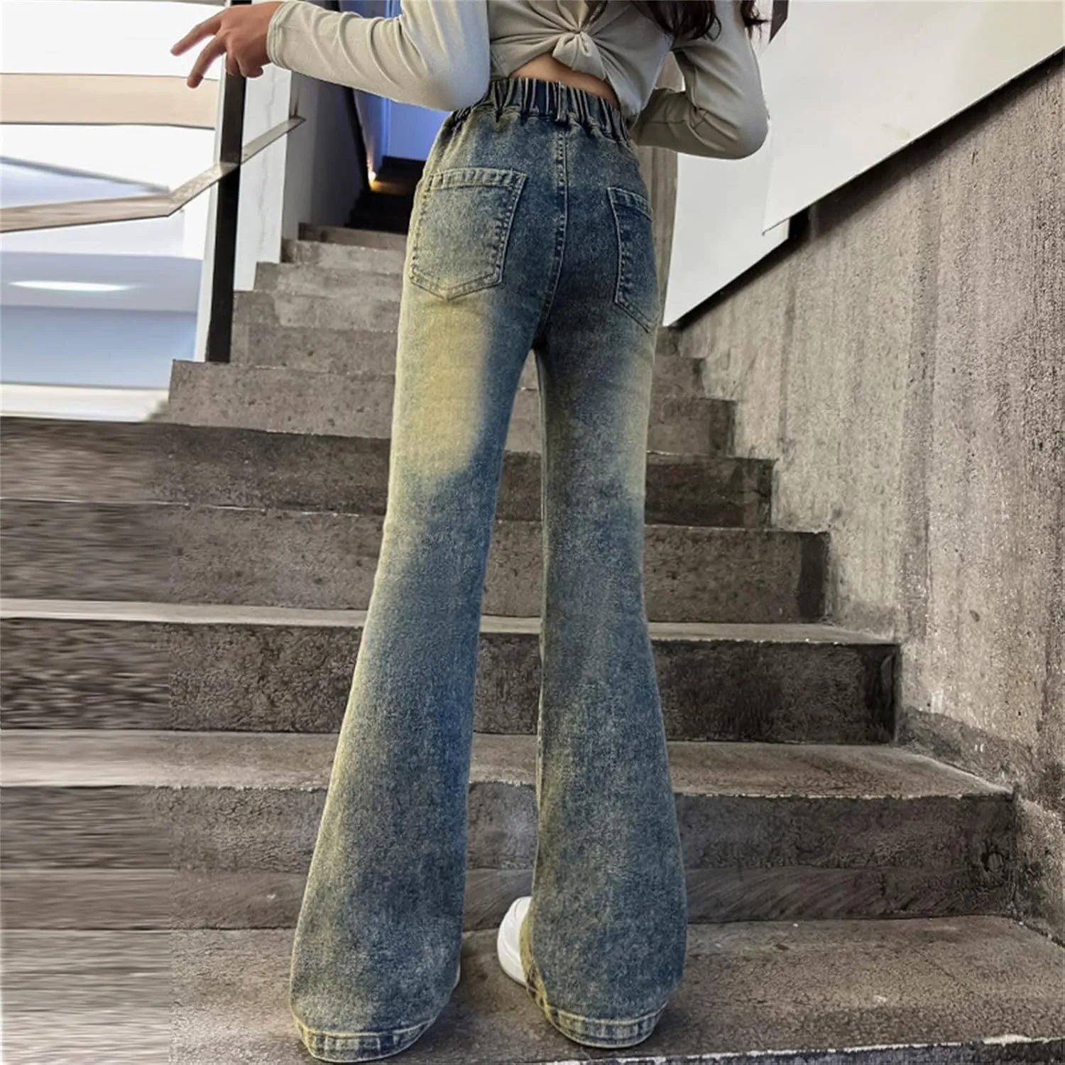 Girls Kids Retro Jeans High Waist Straight Teen Big Kids Casual Skinny Long Denim Pants Vintage Stretchy Casual Trousers