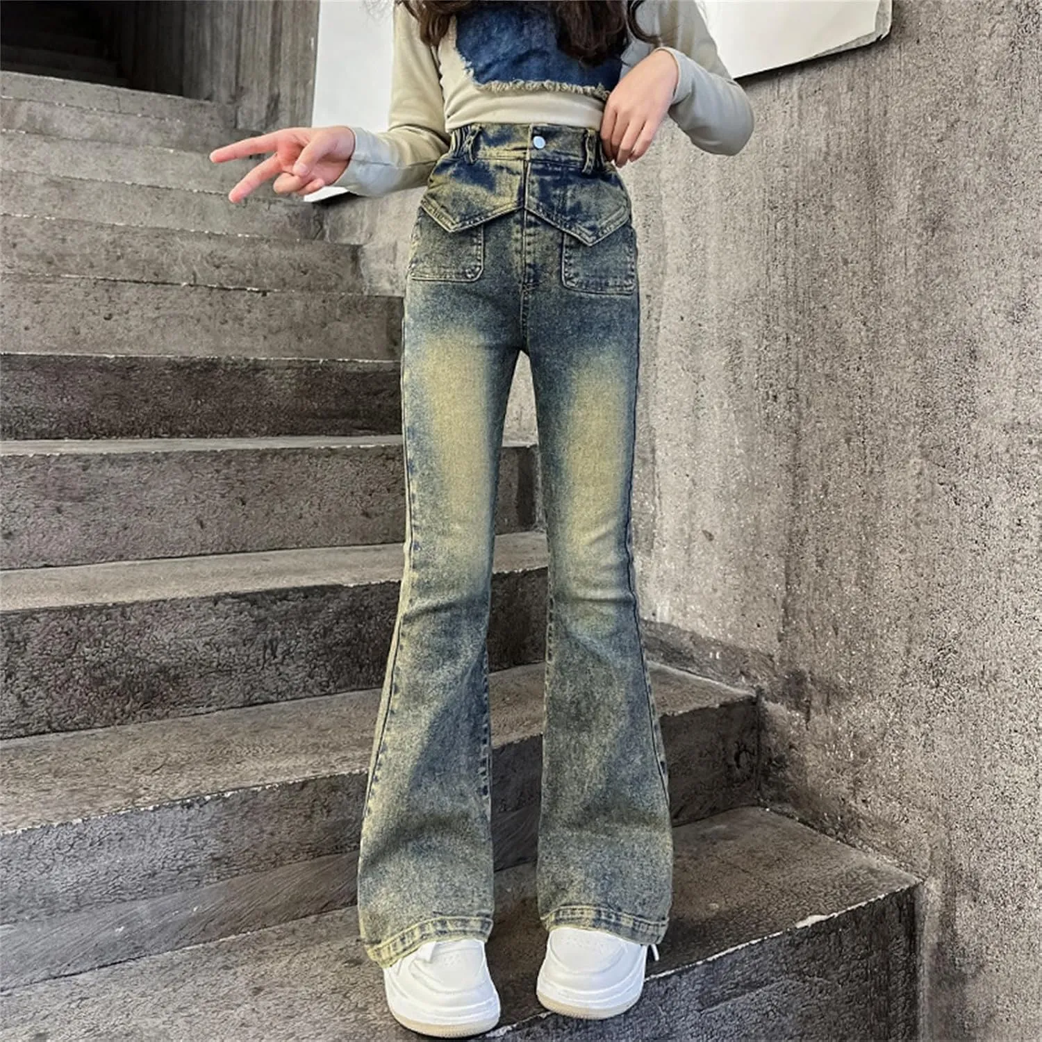 Girls Kids Retro Jeans High Waist Straight Teen Big Kids Casual Skinny Long Denim Pants Vintage Stretchy Casual Trousers