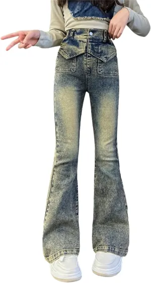 Girls Kids Retro Jeans High Waist Straight Teen Big Kids Casual Skinny Long Denim Pants Vintage Stretchy Casual Trousers
