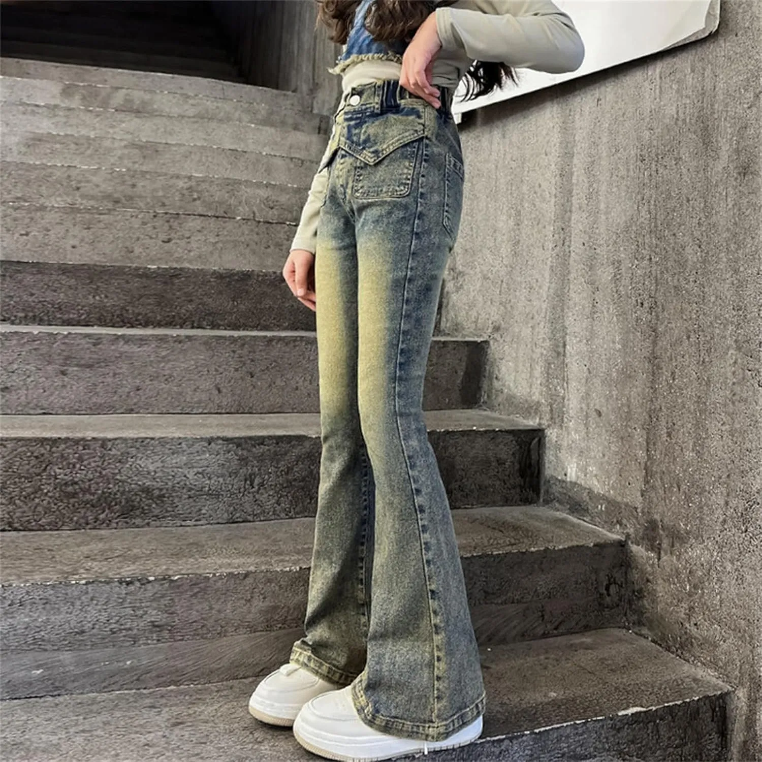 Girls Kids Retro Jeans High Waist Straight Teen Big Kids Casual Skinny Long Denim Pants Vintage Stretchy Casual Trousers