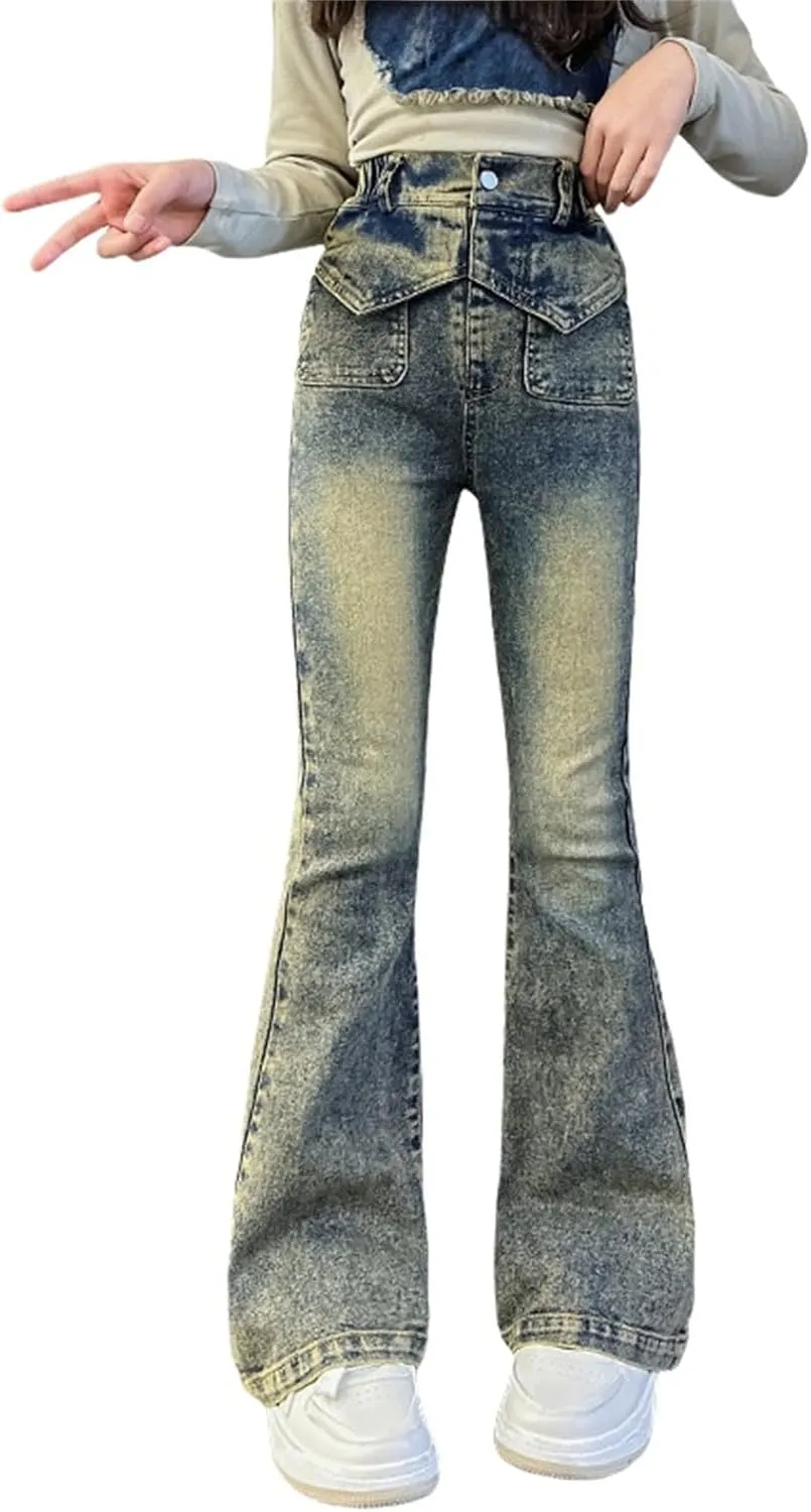 Girls Kids Retro Jeans High Waist Straight Teen Big Kids Casual Skinny Long Denim Pants Vintage Stretchy Casual Trousers