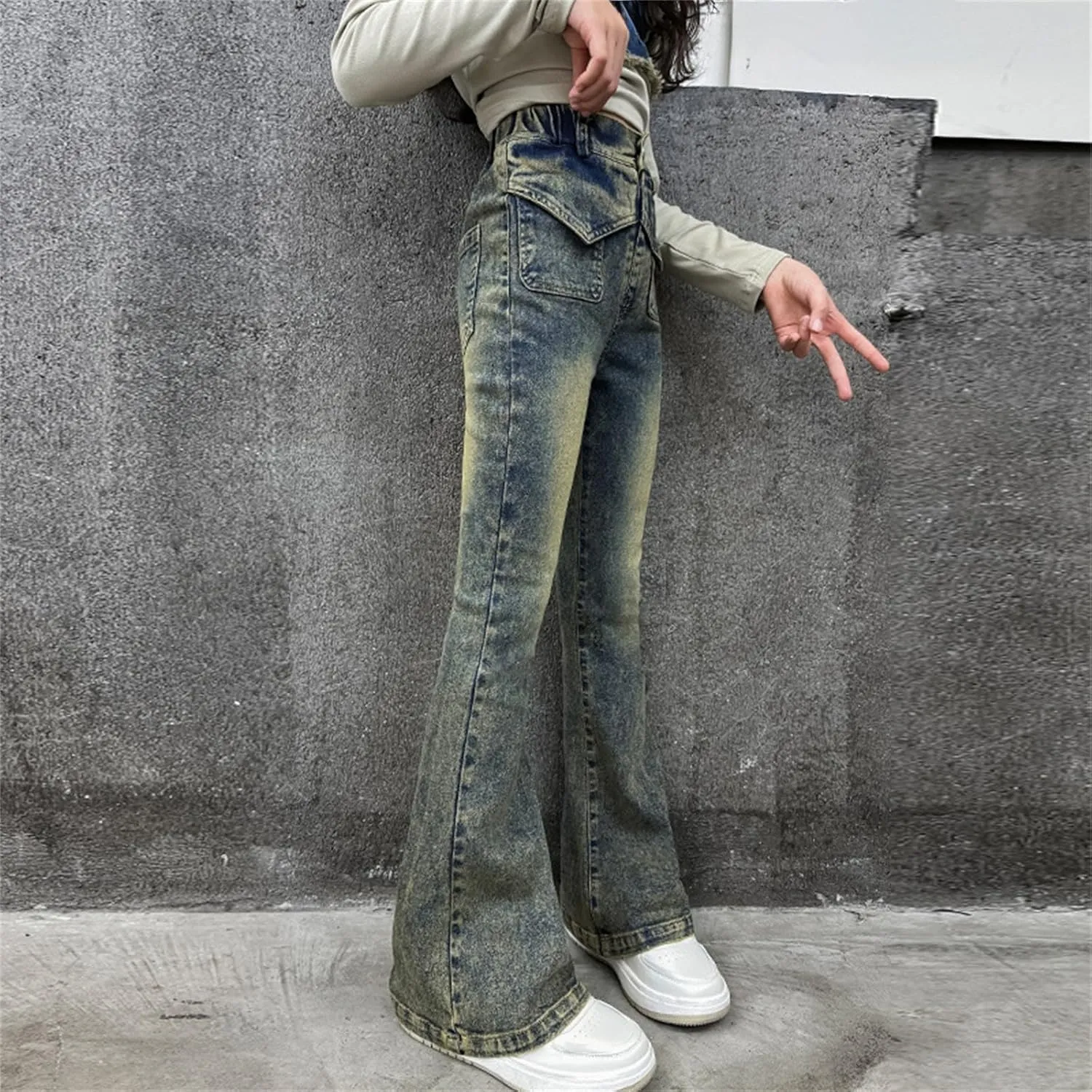 Girls Kids Retro Jeans High Waist Straight Teen Big Kids Casual Skinny Long Denim Pants Vintage Stretchy Casual Trousers