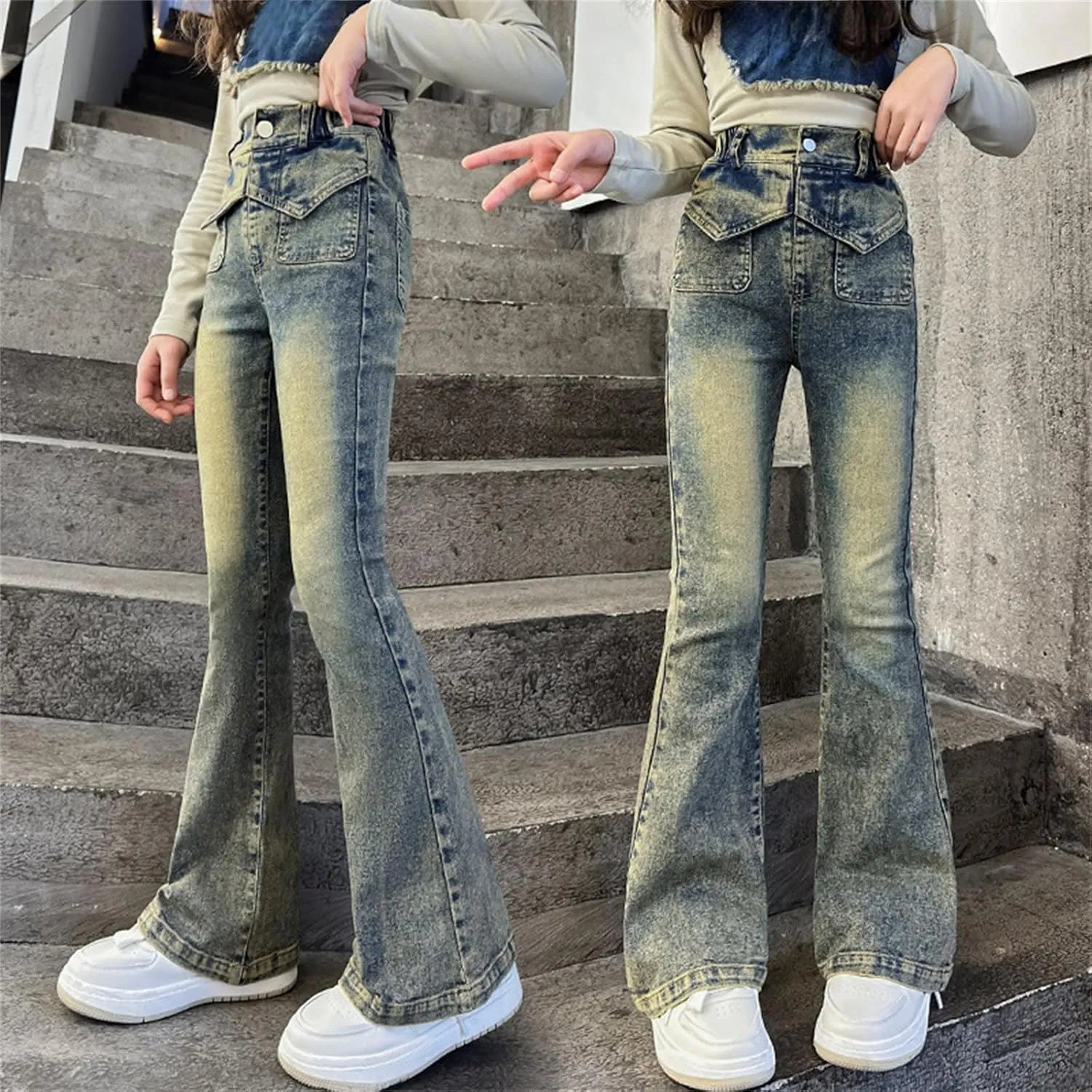 Girls Kids Retro Jeans High Waist Straight Teen Big Kids Casual Skinny Long Denim Pants Vintage Stretchy Casual Trousers