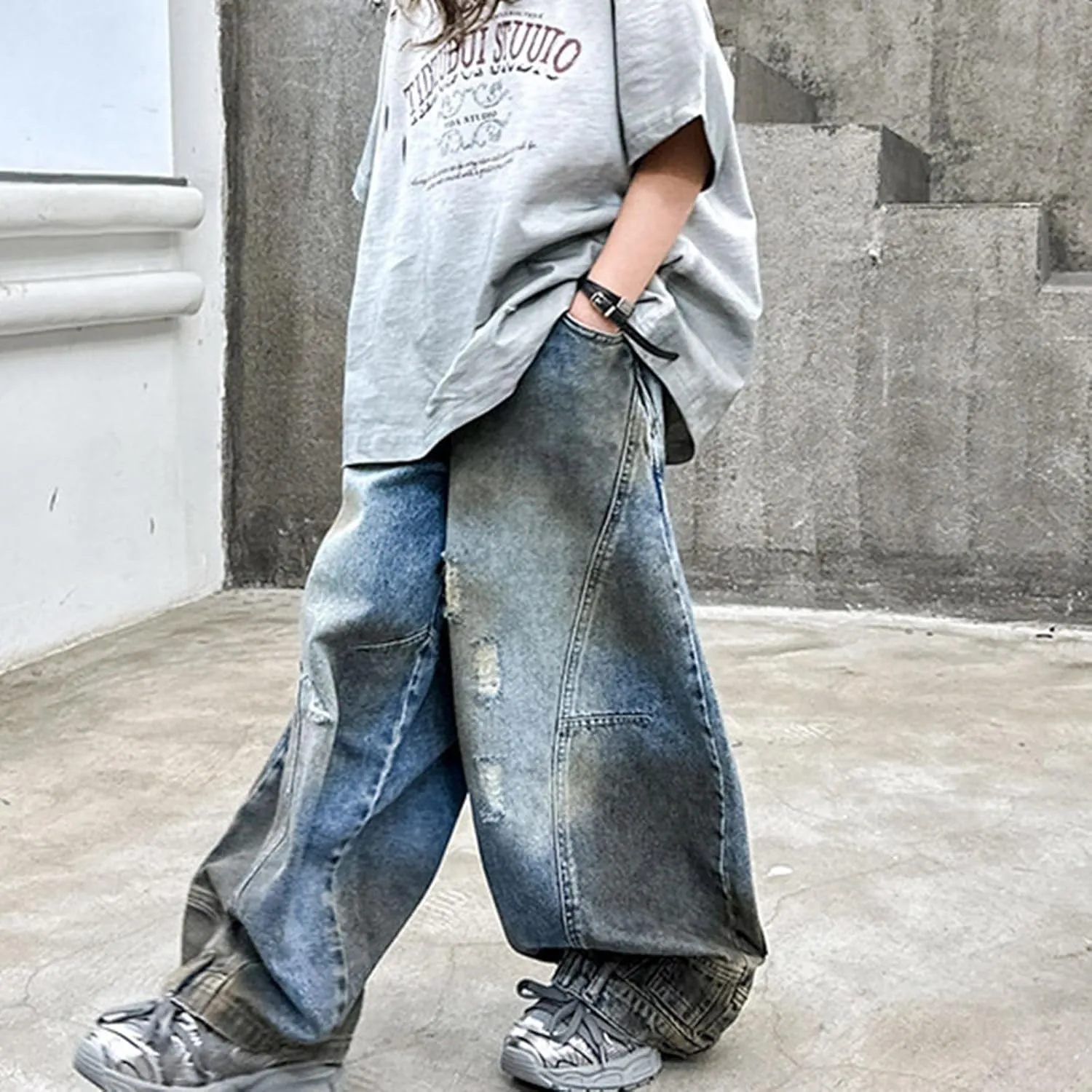 Girls Streetwear Denim Cargo Pants High Waist Floor Length Lounge Baggy Wide Leg Jeans with Multi Pockets 5