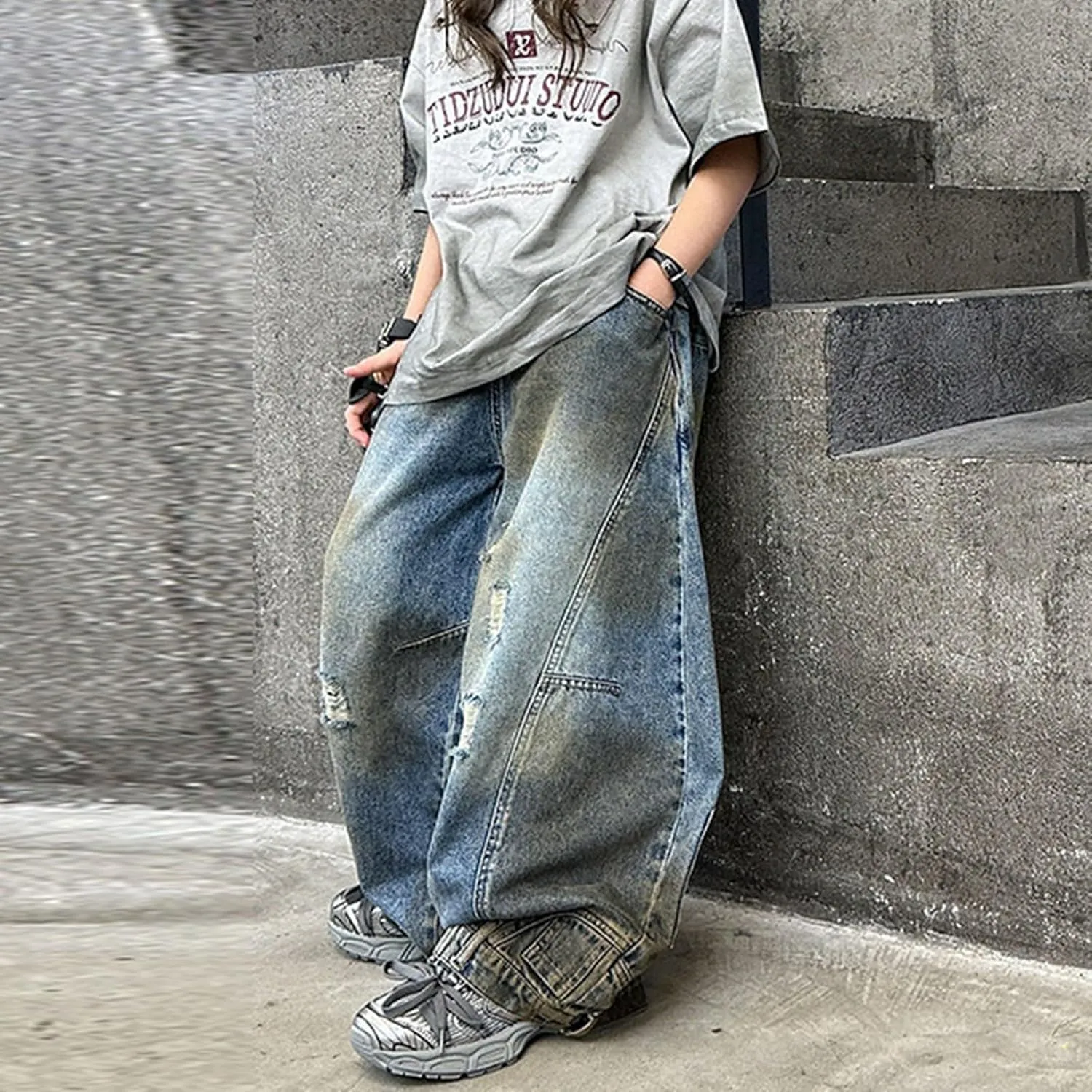 Girls Streetwear Denim Cargo Pants High Waist Floor Length Lounge Baggy Wide Leg Jeans with Multi Pockets 5