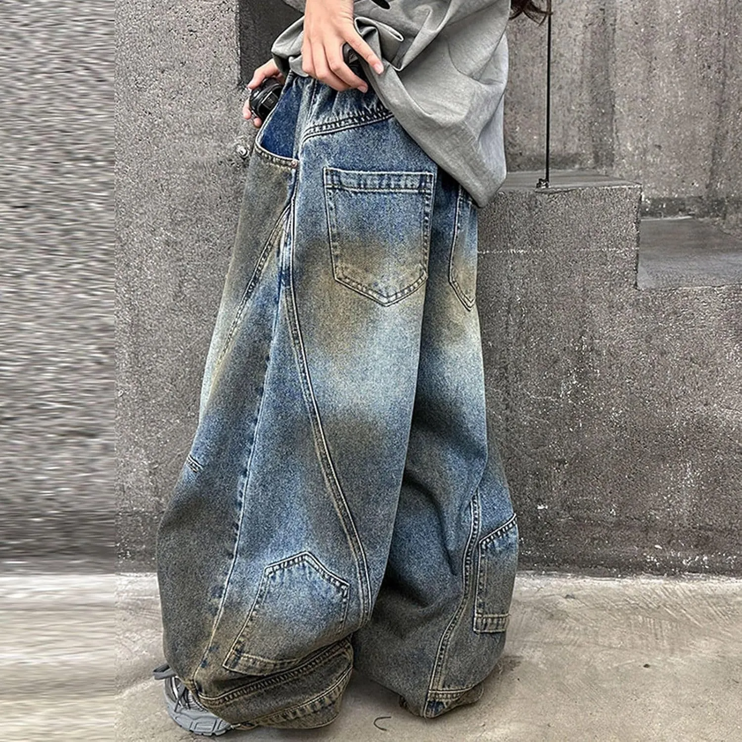 Girls Streetwear Denim Cargo Pants High Waist Floor Length Lounge Baggy Wide Leg Jeans with Multi Pockets 5