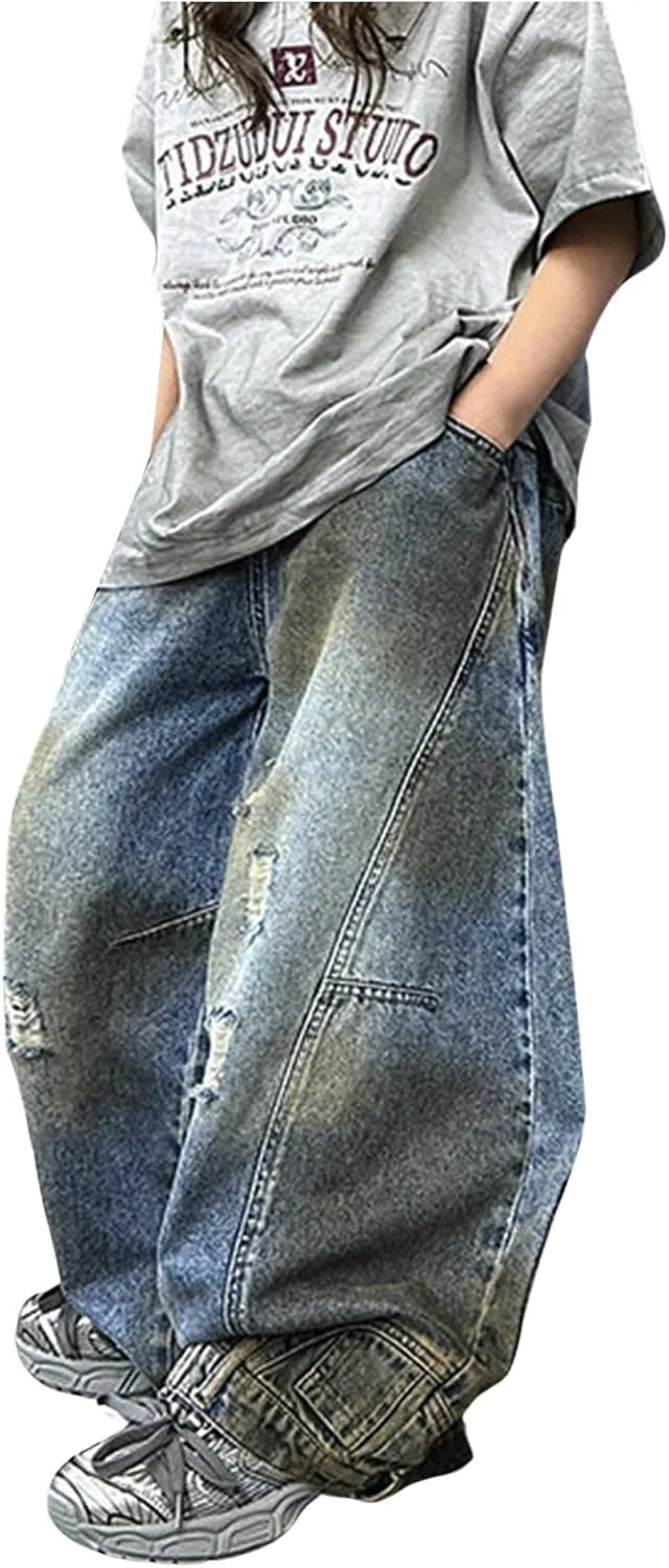 Girls Streetwear Denim Cargo Pants High Waist Floor Length Lounge Baggy Wide Leg Jeans with Multi Pockets 5