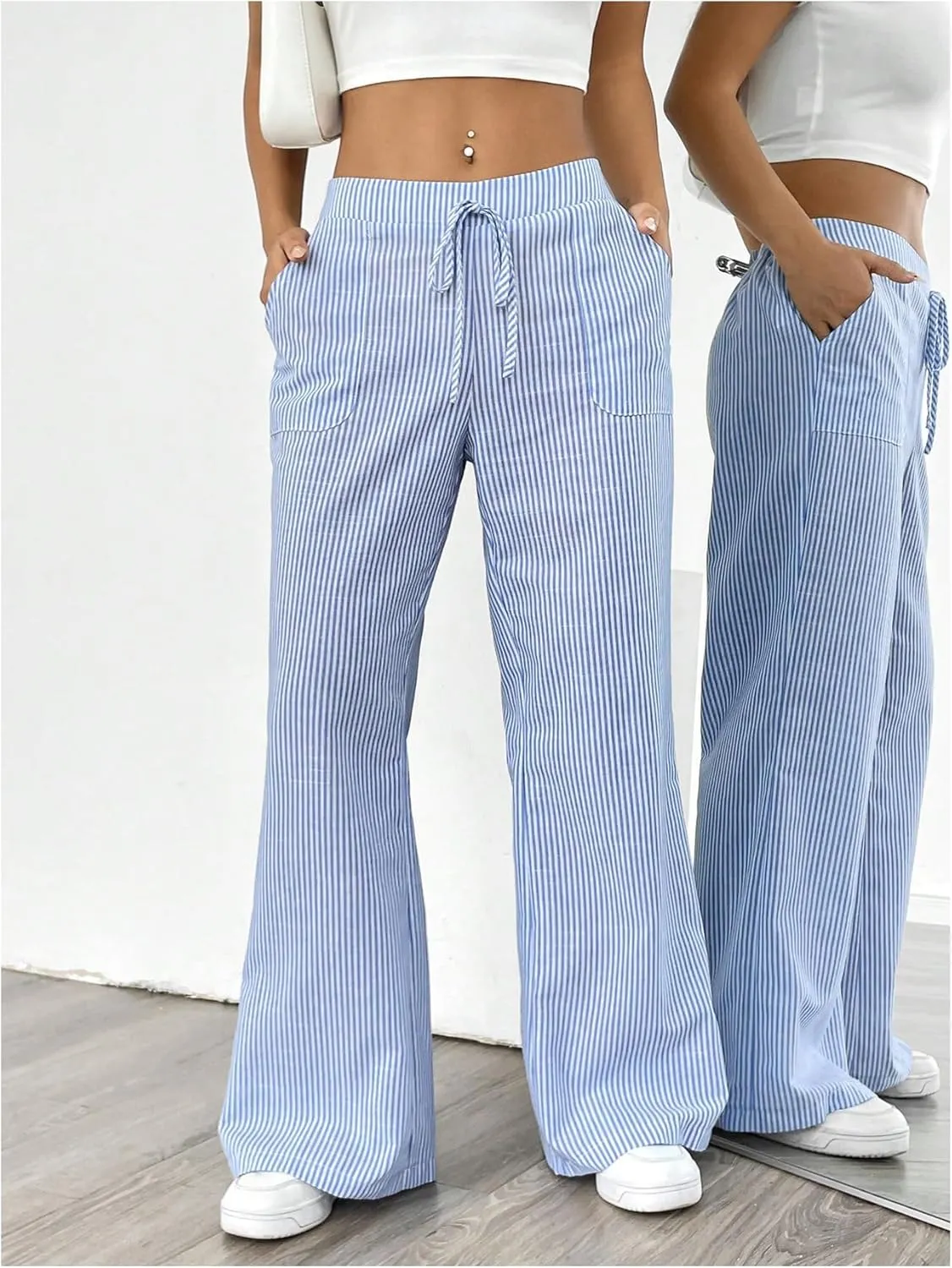 GORGLITTER Women's Striped Wide Leg Pants Drawstring Waist Lounge Pants Straight Leg Slant Pocket Trousers