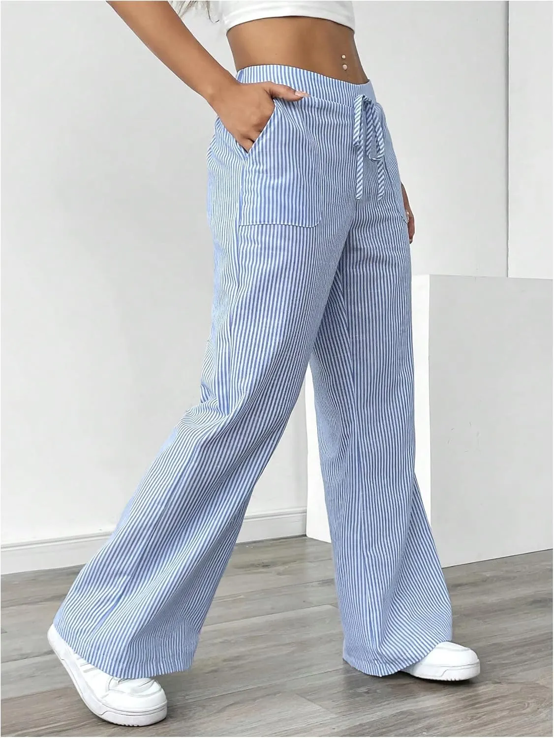 GORGLITTER Women's Striped Wide Leg Pants Drawstring Waist Lounge Pants Straight Leg Slant Pocket Trousers