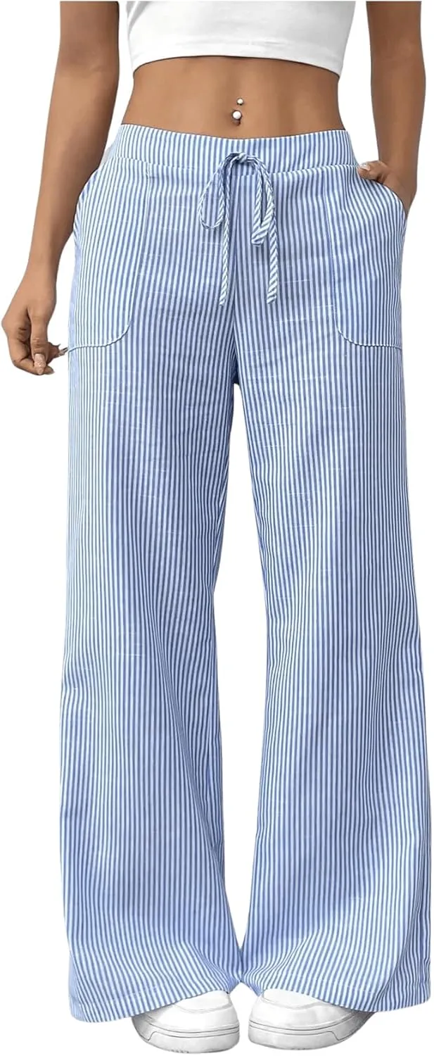 GORGLITTER Women's Striped Wide Leg Pants Drawstring Waist Lounge Pants Straight Leg Slant Pocket Trousers